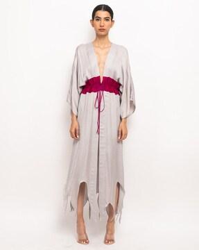 v-neck cape dress with ruffled waist detail