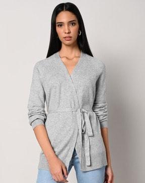 v-neck cardigan with waist tie-up