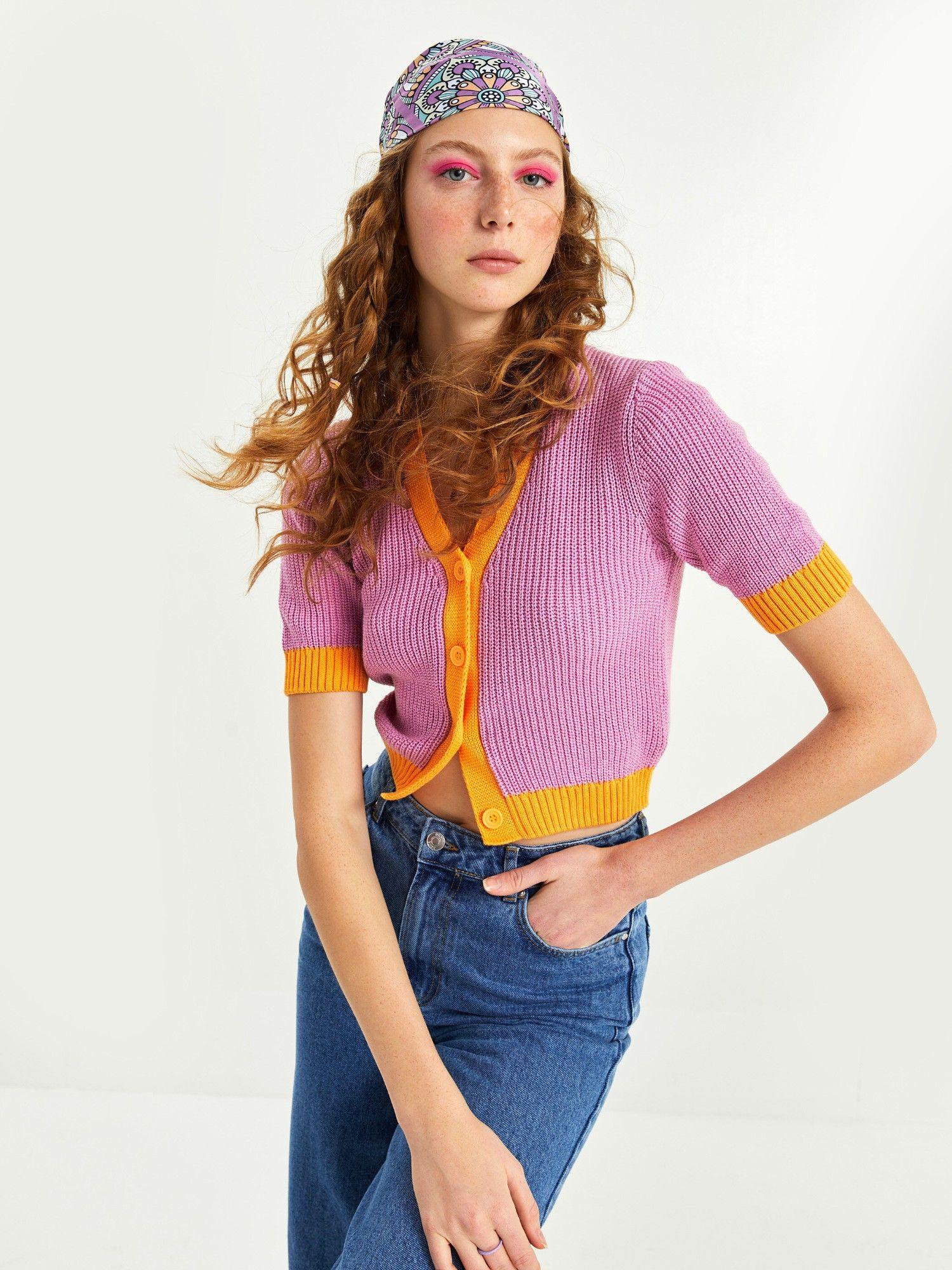 v neck color block short sleeve knitwear cardigan