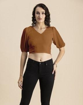 v-neck crop top with bishop sleeves