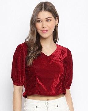 v-neck crop top with puffed sleeves