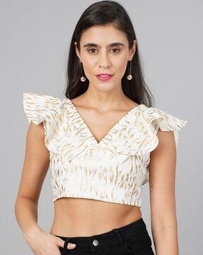 v-neck crop top with ruffle sleeves