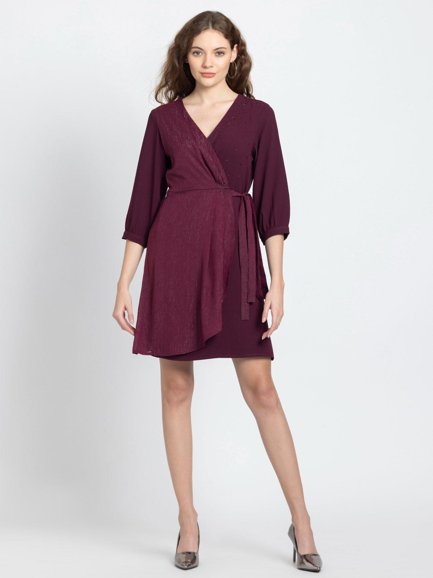 v-neck dark burgandy solid three fourth sleeves party dress for women