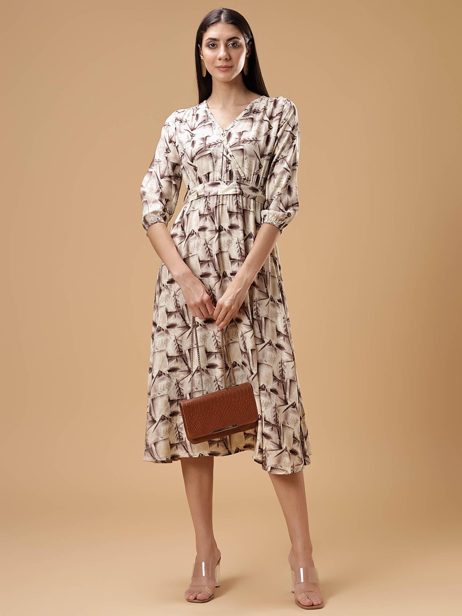 v-neck ethnic printed a-line midi dress