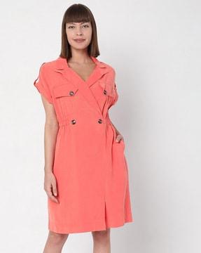 v-neck fit & flare dress with flap pockets