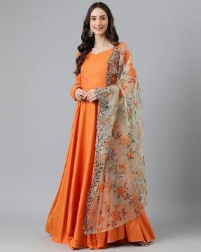 v-neck fit and flare dress with floral print dupatta