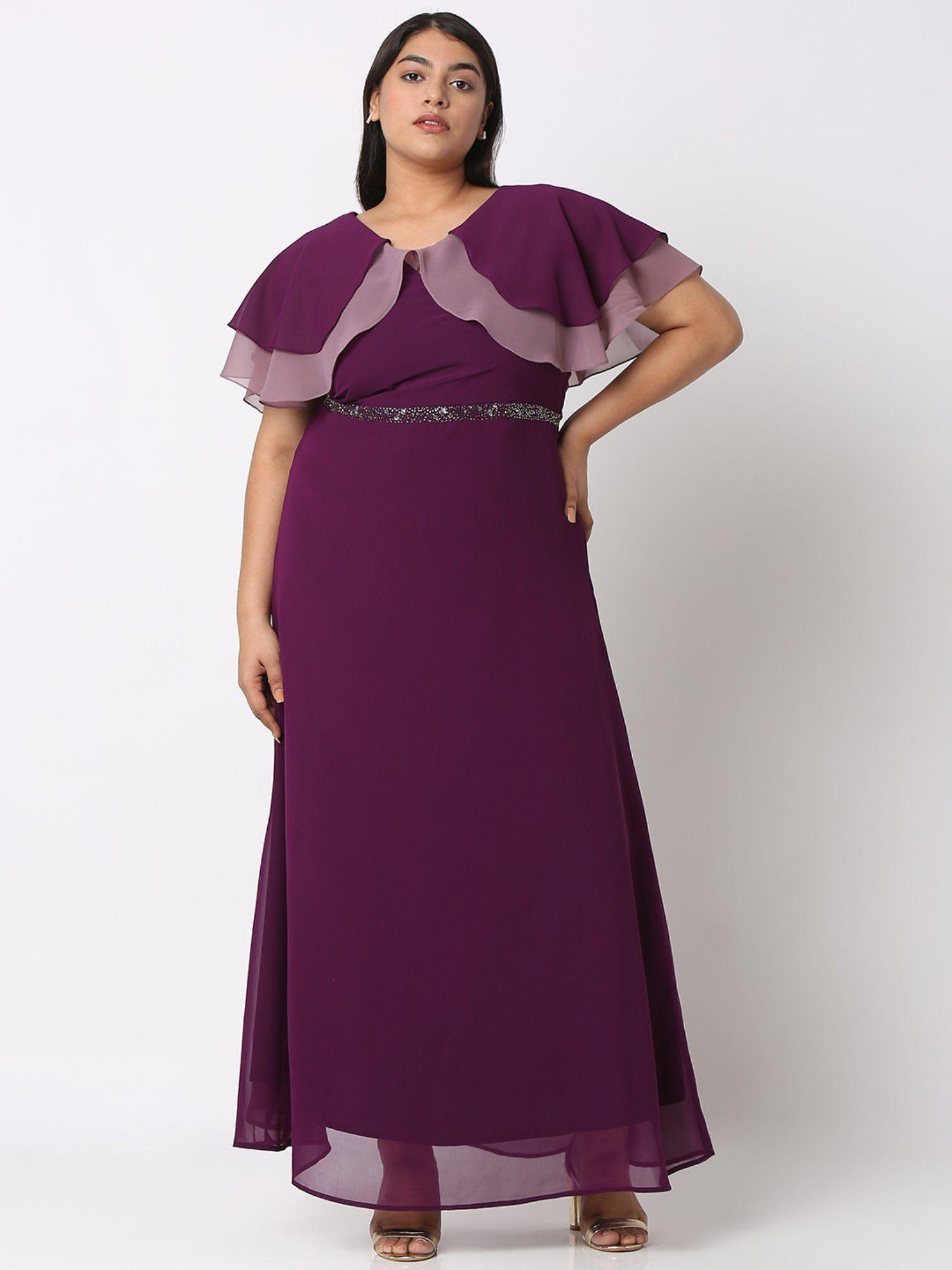 v-neck flared hem purple maxi dress