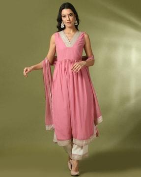 v-neck flared kurta with palazzos & dupatta