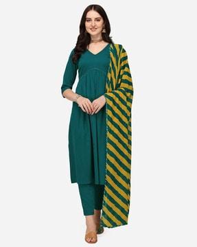 v-neck flared kurta with pants & dupatta