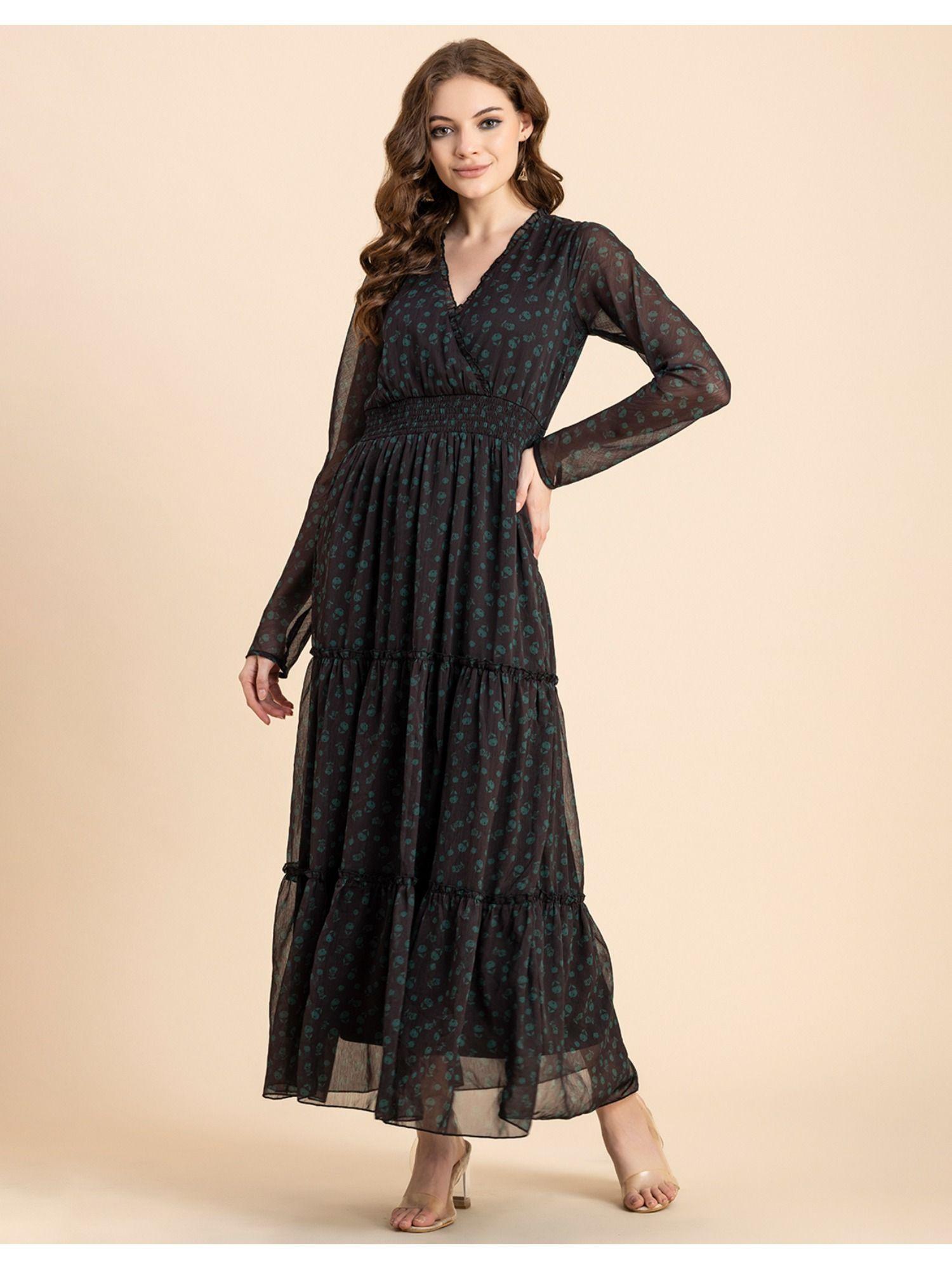 v-neck flared maxi printed chiffon dress