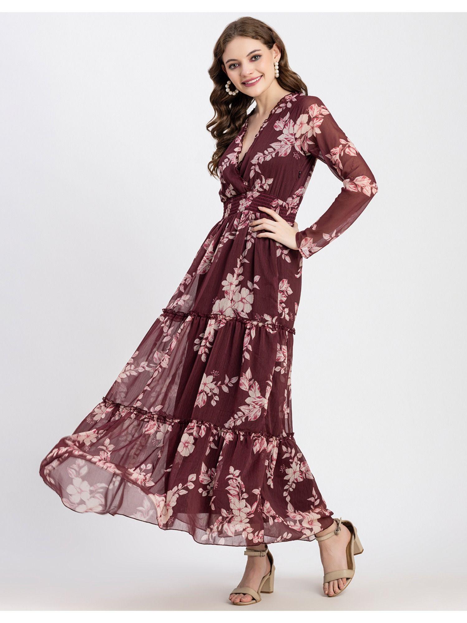 v-neck flared maxi printed chiffon dress