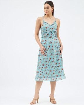 v-neck floral print a-line dress