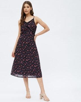 v-neck floral print a-line dress