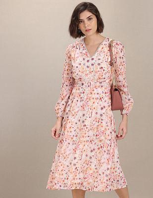 v-neck floral print fit and flare dress