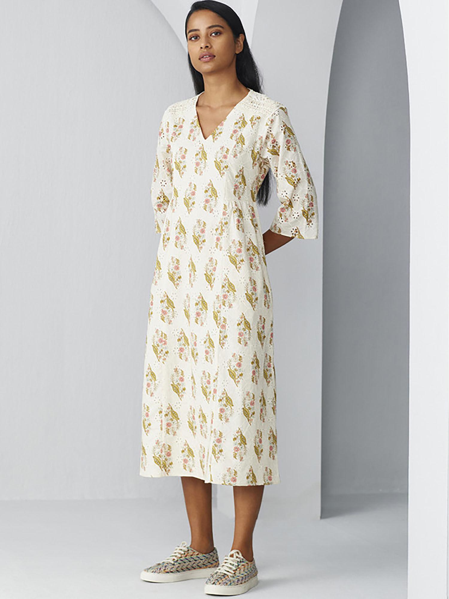 v neck floral printed schiffli dress