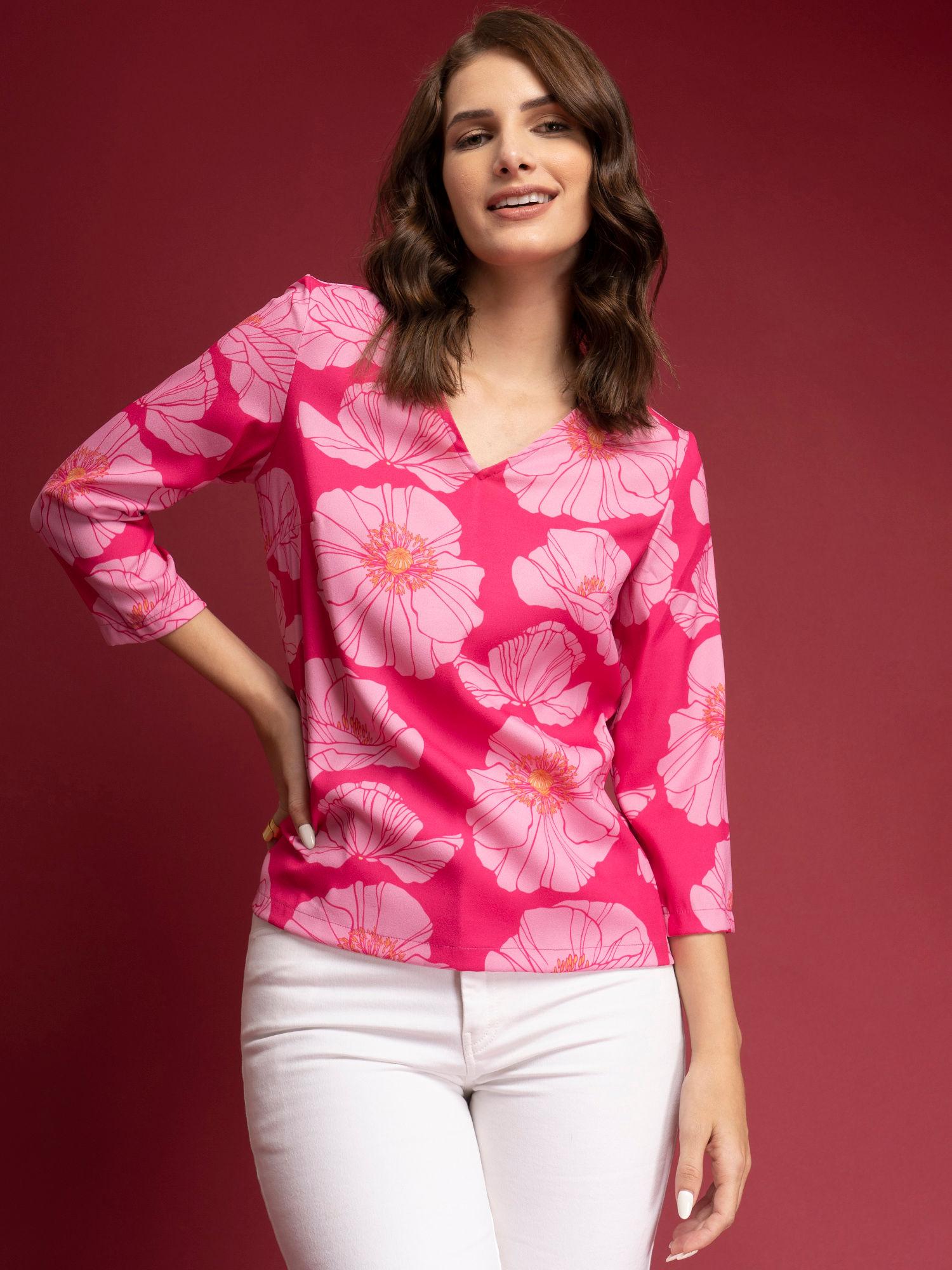 v-neck floral top-fuchsia