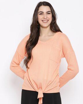 v-neck front tie-up top with patch pocket