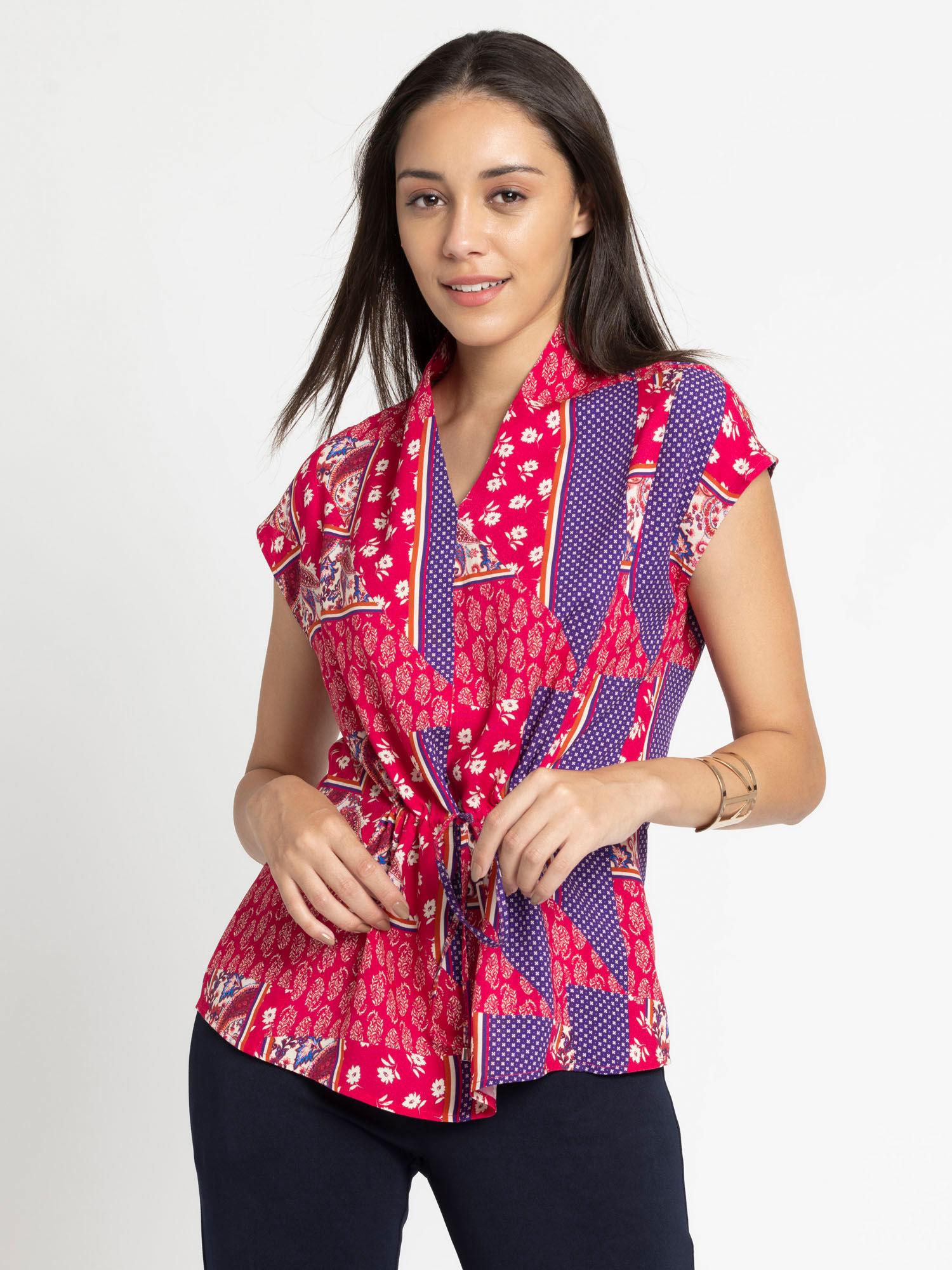 v-neck fuchsia printed short sleeves casual tops for women