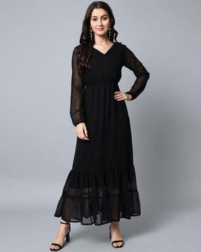 v-neck full-sleeves a-line dress