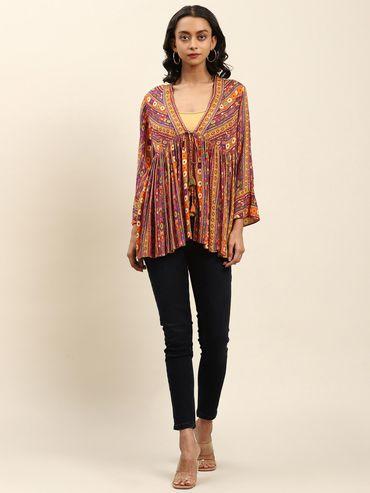 v-neck full sleeves printed shrug