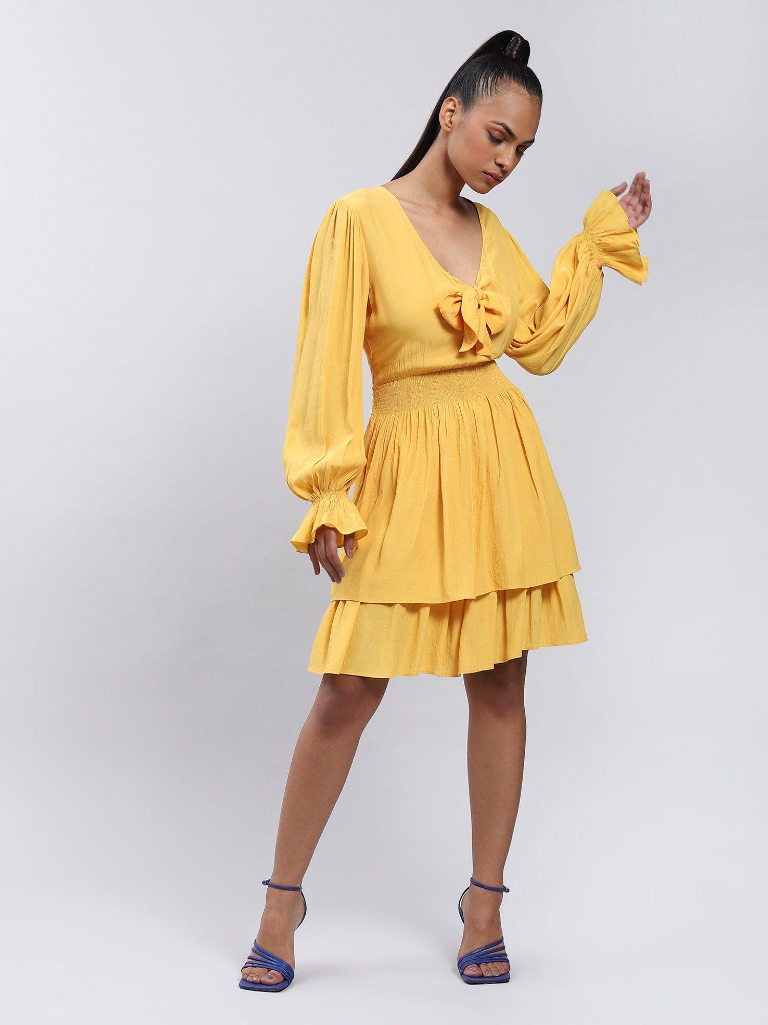 v neck full sleeves solid short dress