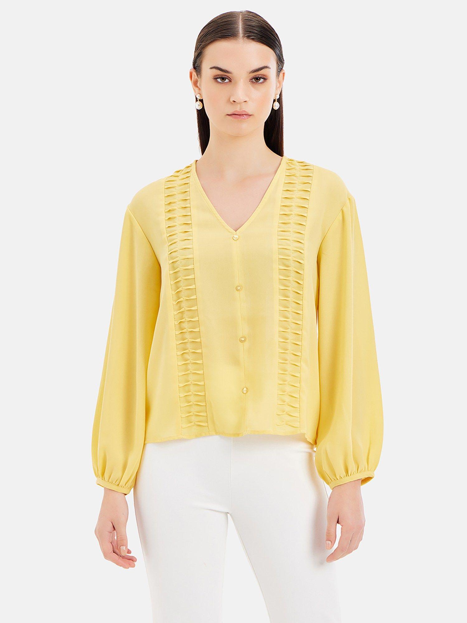 v-neck full sleeves top with pleating detail