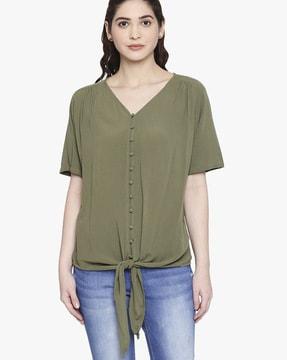 v-neck gathered top with tie-up