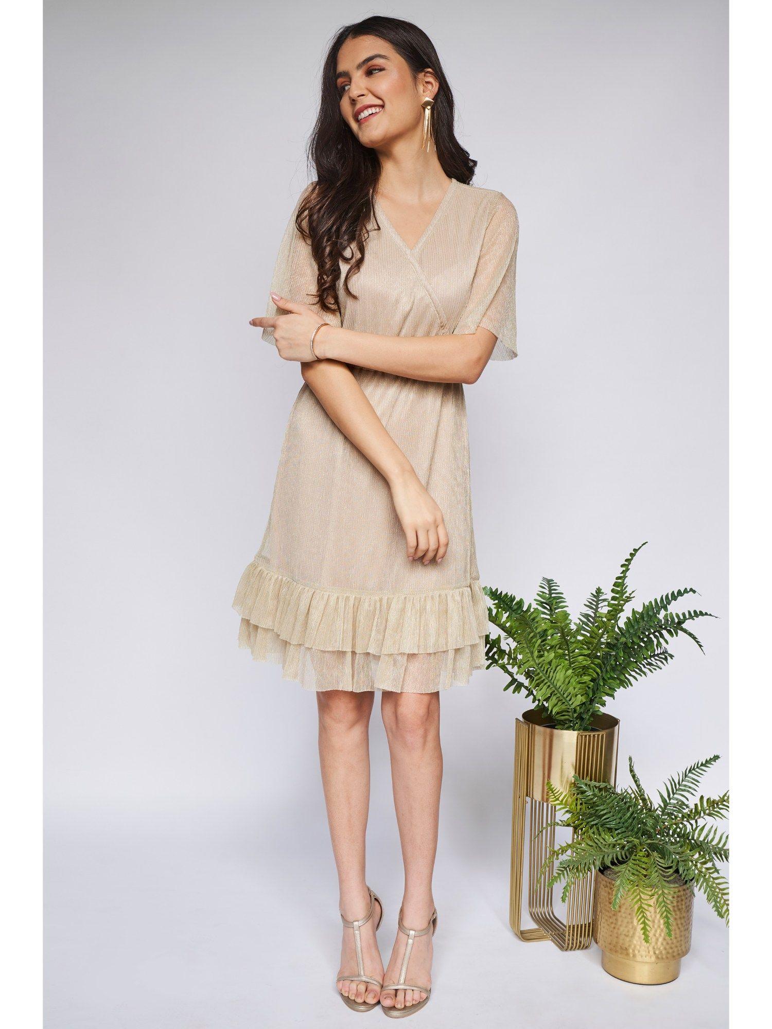 v neck gold solid ruffled knee length dress