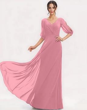 v-neck gown dress with puff sleeves