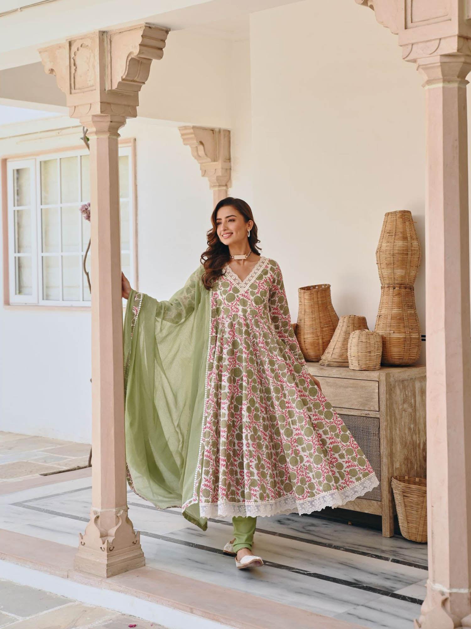 v-neck green floral jaal print anarkali kurta with churidar & dupatta (set of 3)