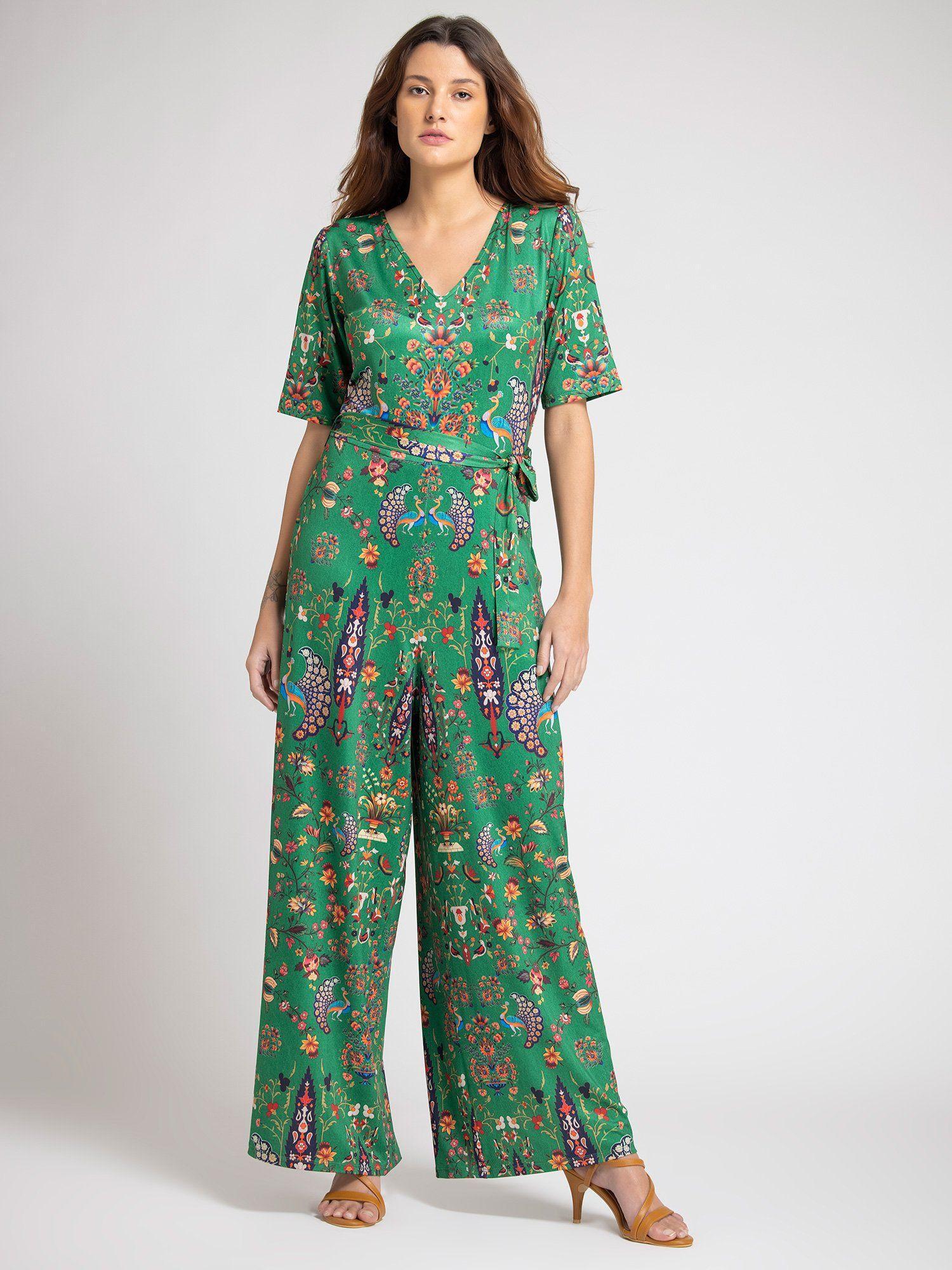 v-neck green printed half sleeves casual jumpsuit for women (set of 2)