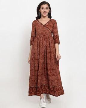 v-neck indian print  a-line dress