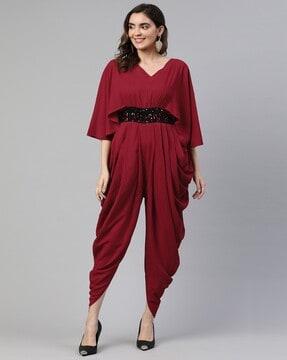 v-neck jumpsuit with embellished waistline