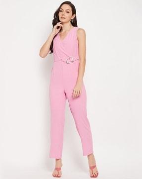 v-neck jumpsuit with metal accent