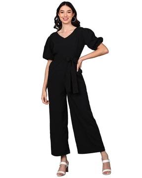 v-neck jumpsuit with puffed-sleeves