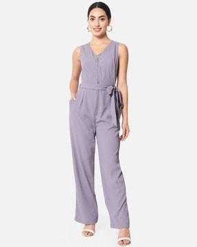 v-neck jumpsuit with waist tie-up