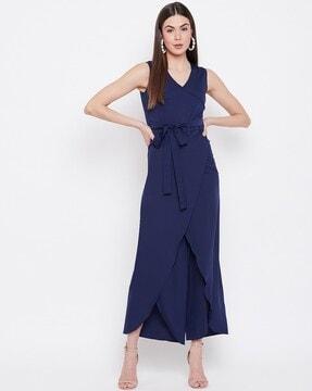 v-neck jumpsuit with waist tie-up