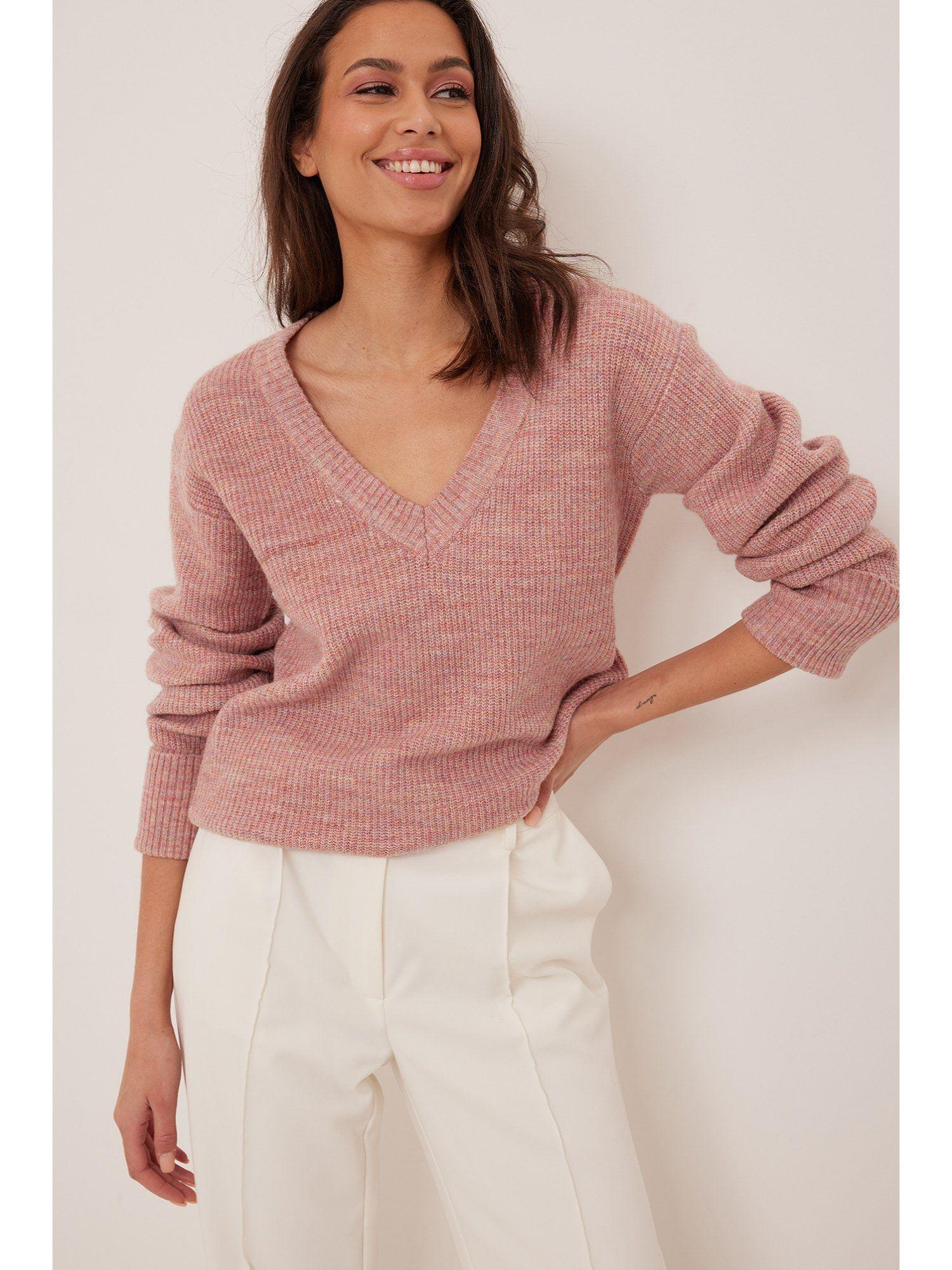v-neck knitted oversized sweater-pink melange