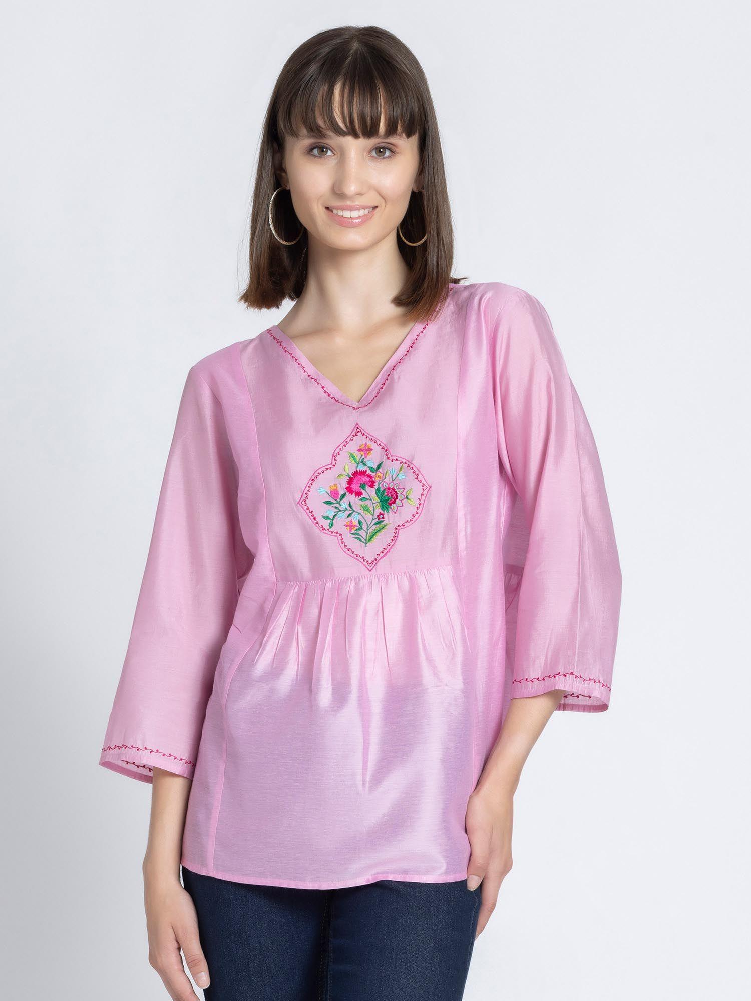 v-neck lilac embroidered ethnic kurti for women