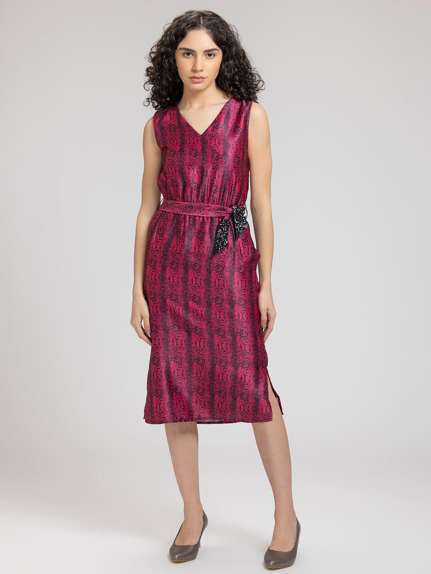 v-neck magenta printed sleeveless midi partywear dress for women (set of 2)