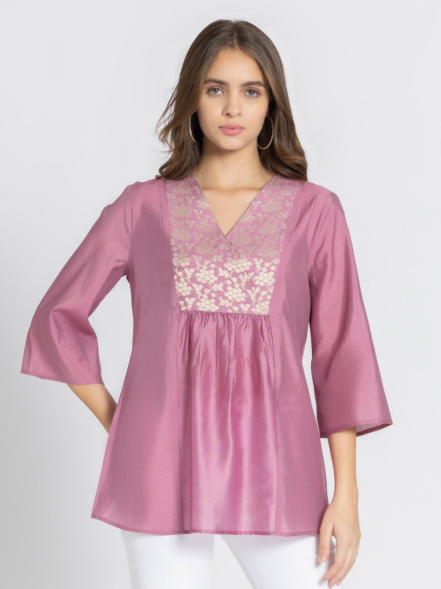 v-neck mauve brocade ethnic kurti for women