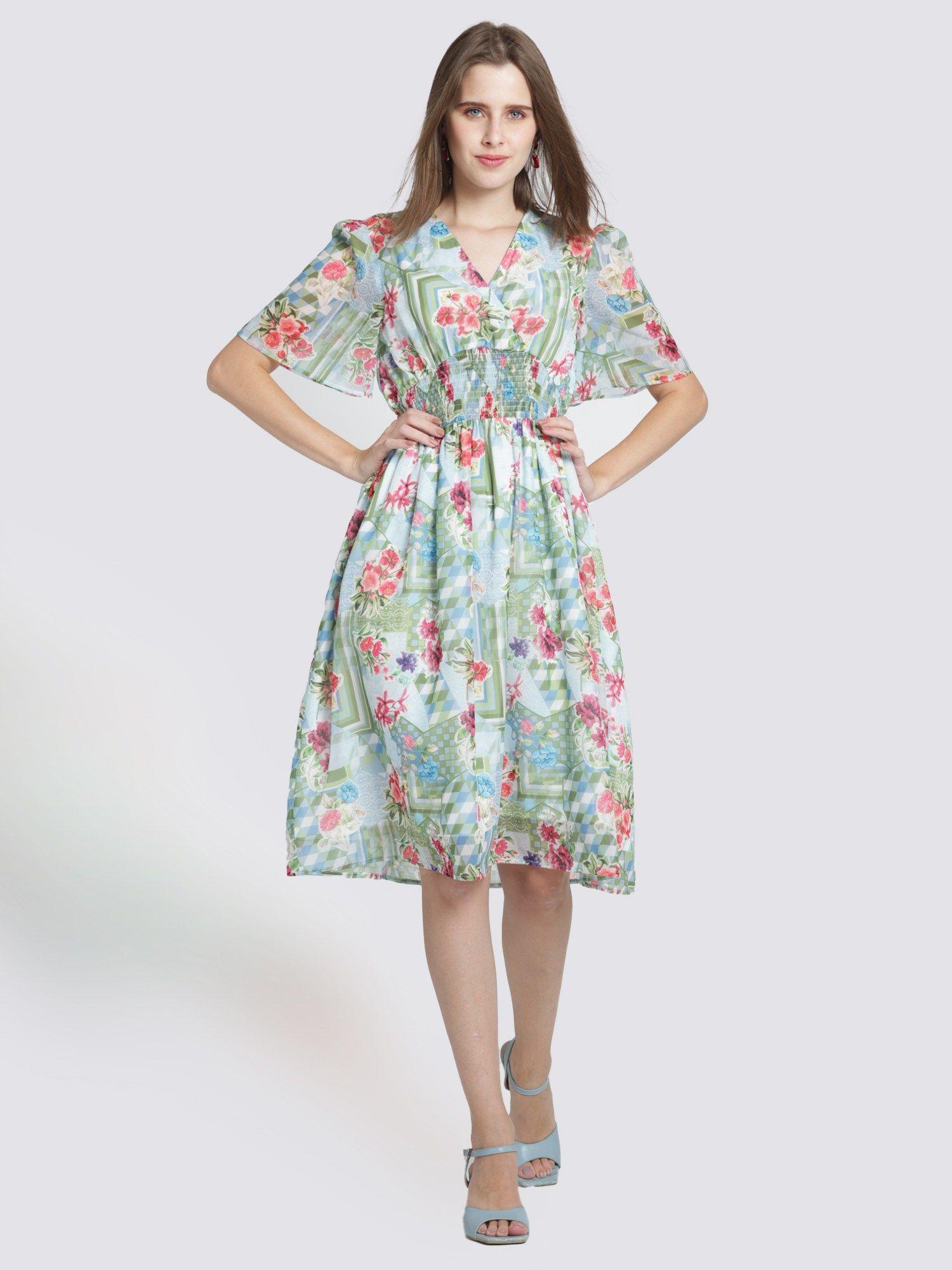 v-neck multi color floral print half sleeves casual knee length dress for women