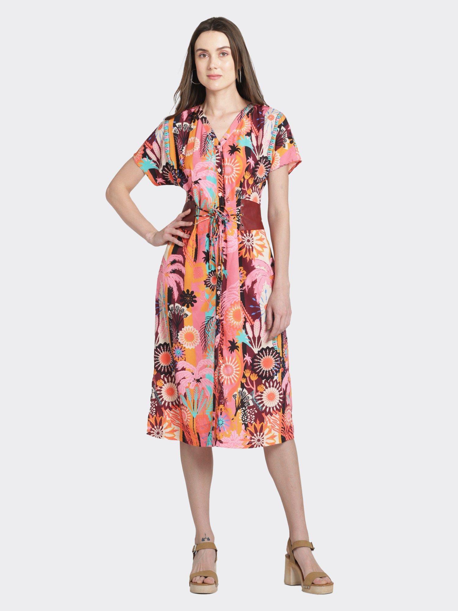 v-neck multi color floral print half sleeves casual midi dress for women