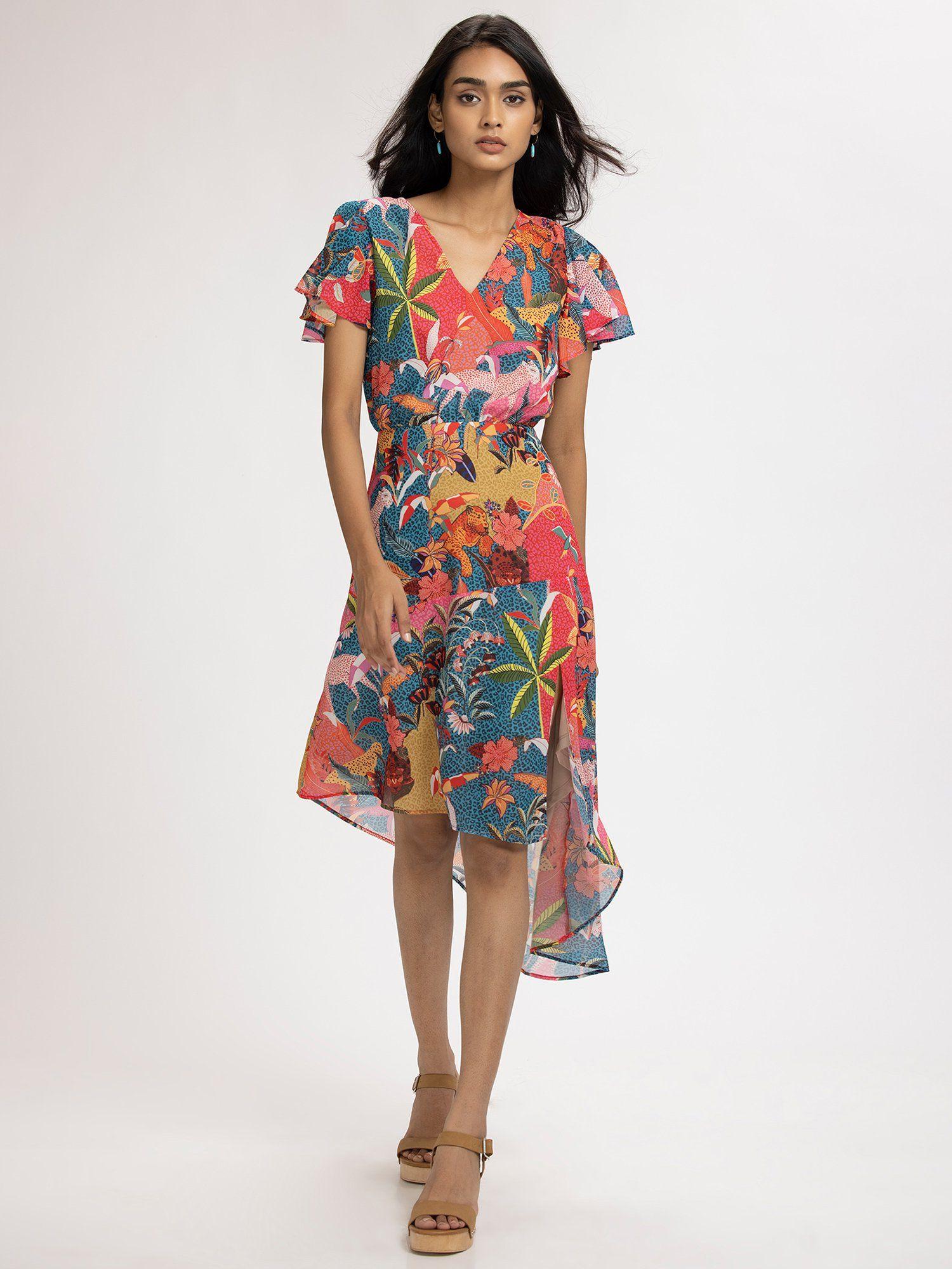 v-neck multi-color floral printed short sleeves dress for women