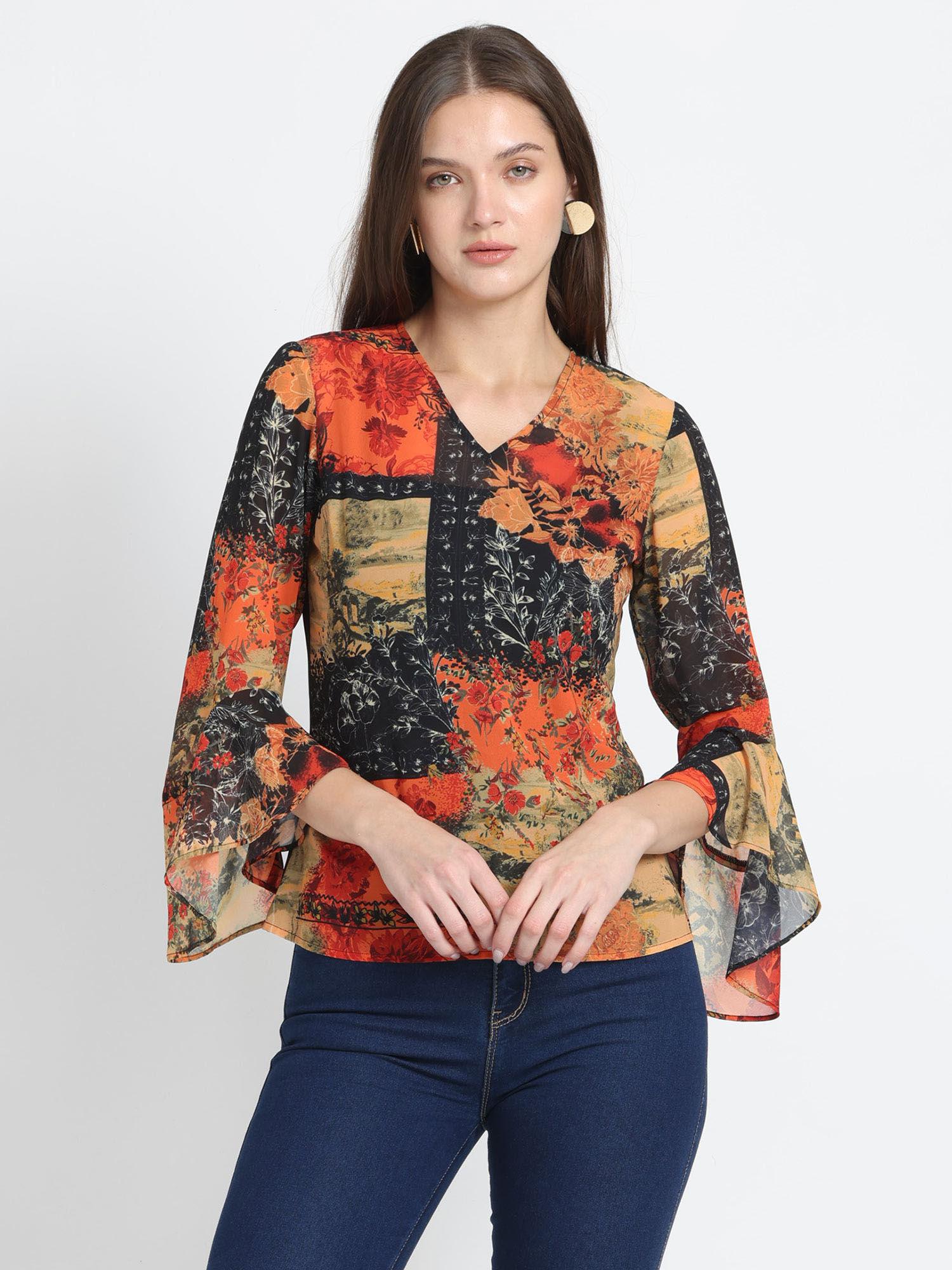 v-neck multi floral print three fourth sleeves casual tops for women