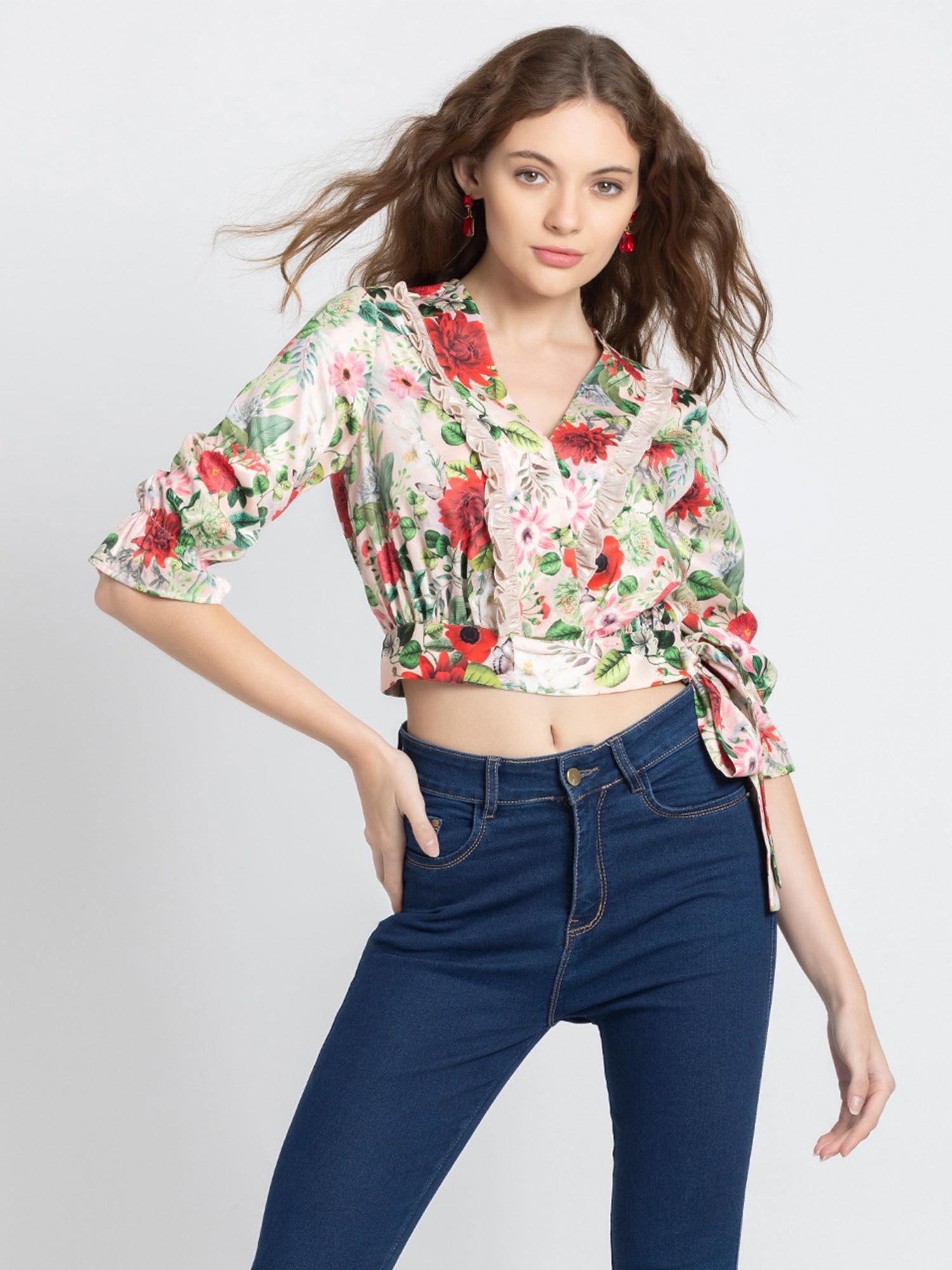 v-neck multi floral print three fourth sleeves party crop tops for women