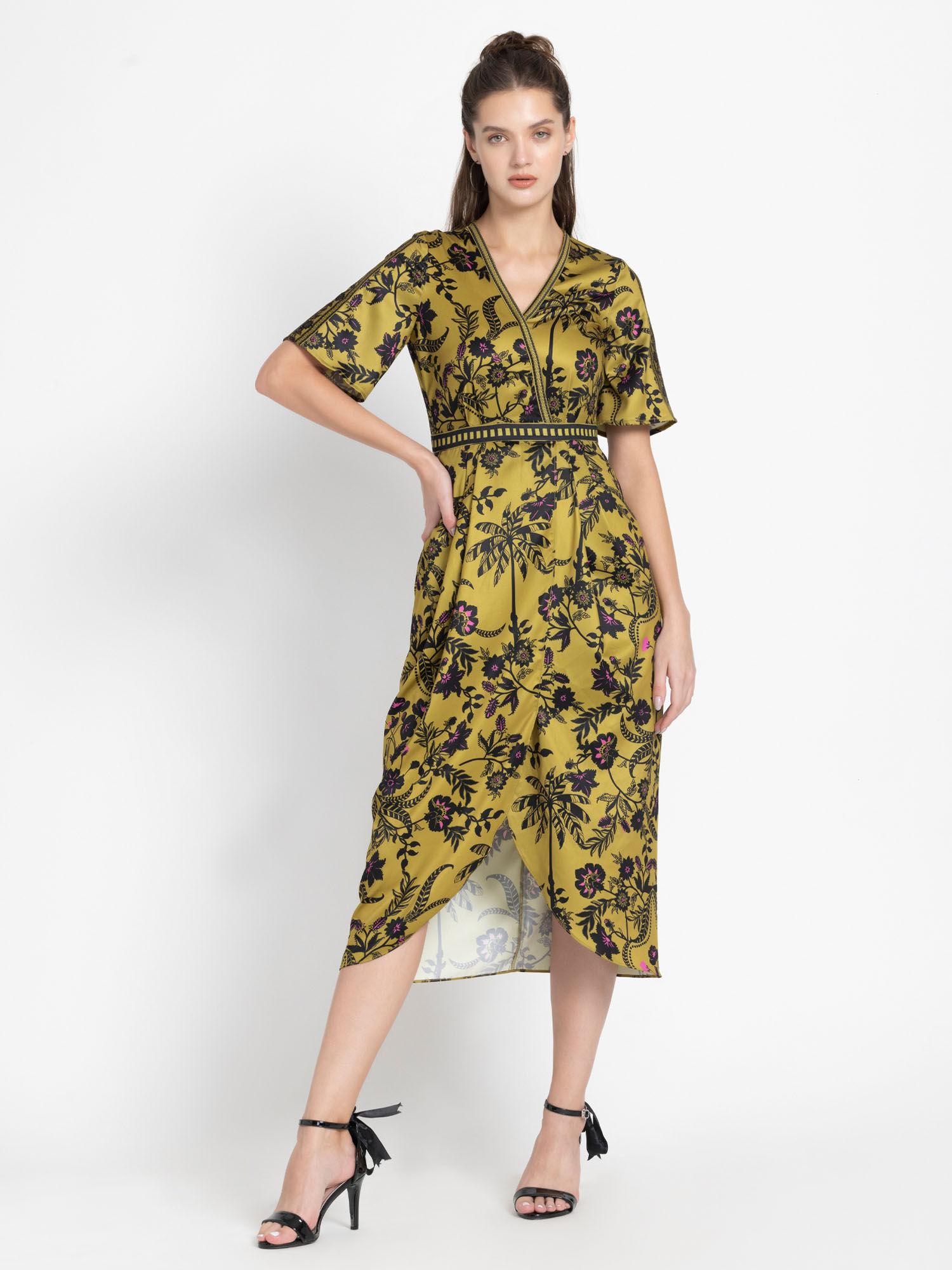 v-neck mustard floral print short sleeves casual dress for women