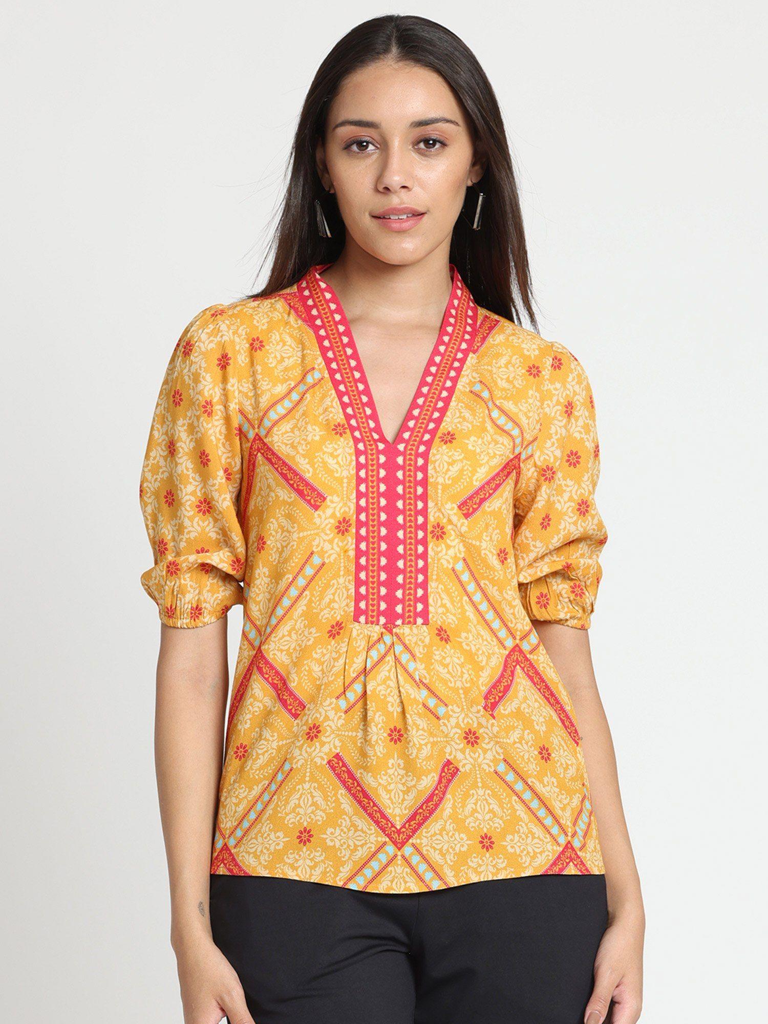 v-neck mustard printed three-quarter sleeves casual tops for women