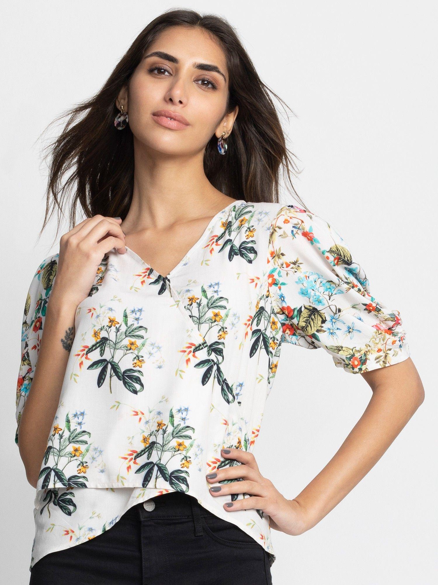 v-neck off-white floral short sleeves casual top for women