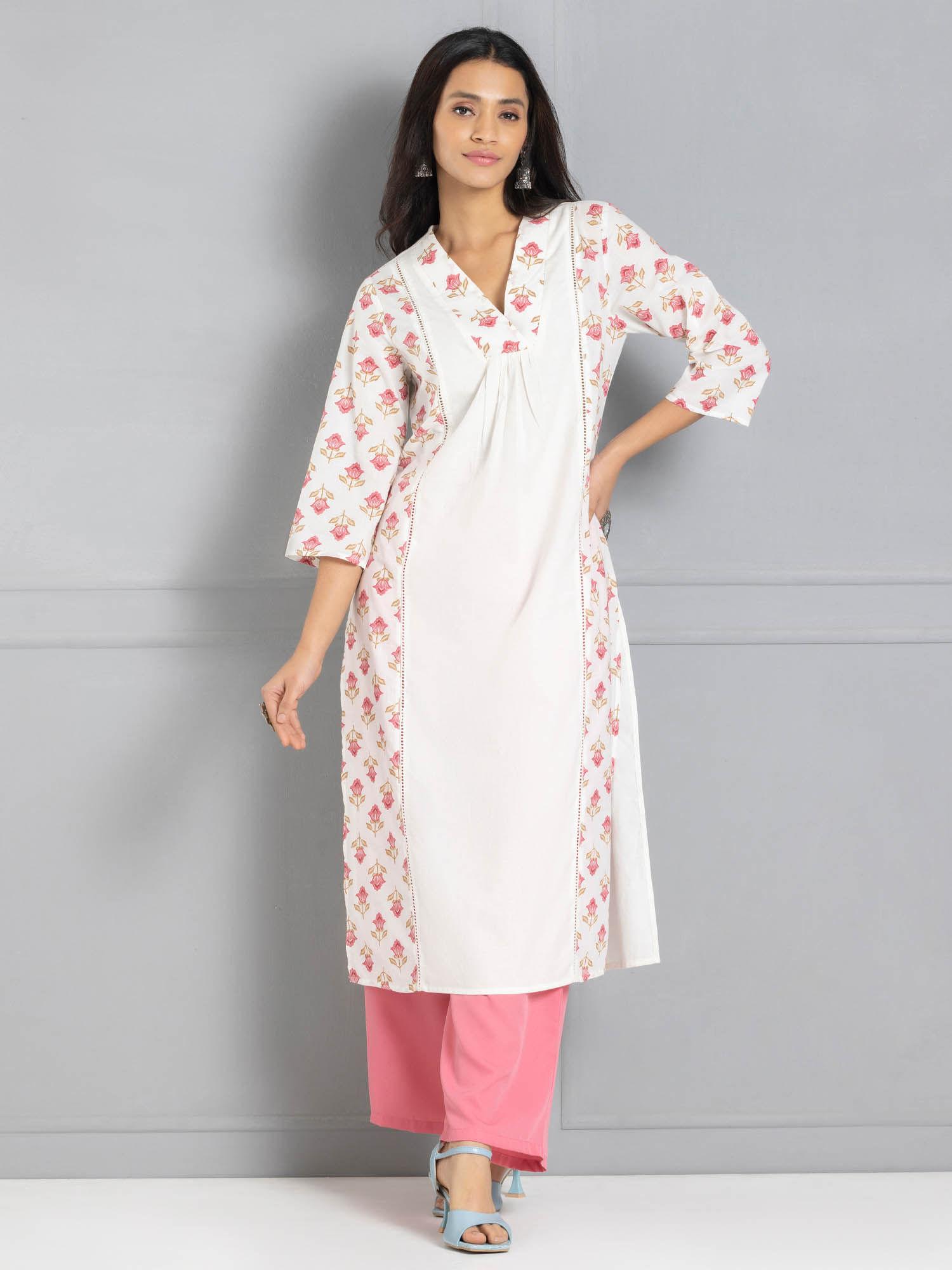 v-neck off white printed three-quarter sleeves ethnic kurta for women